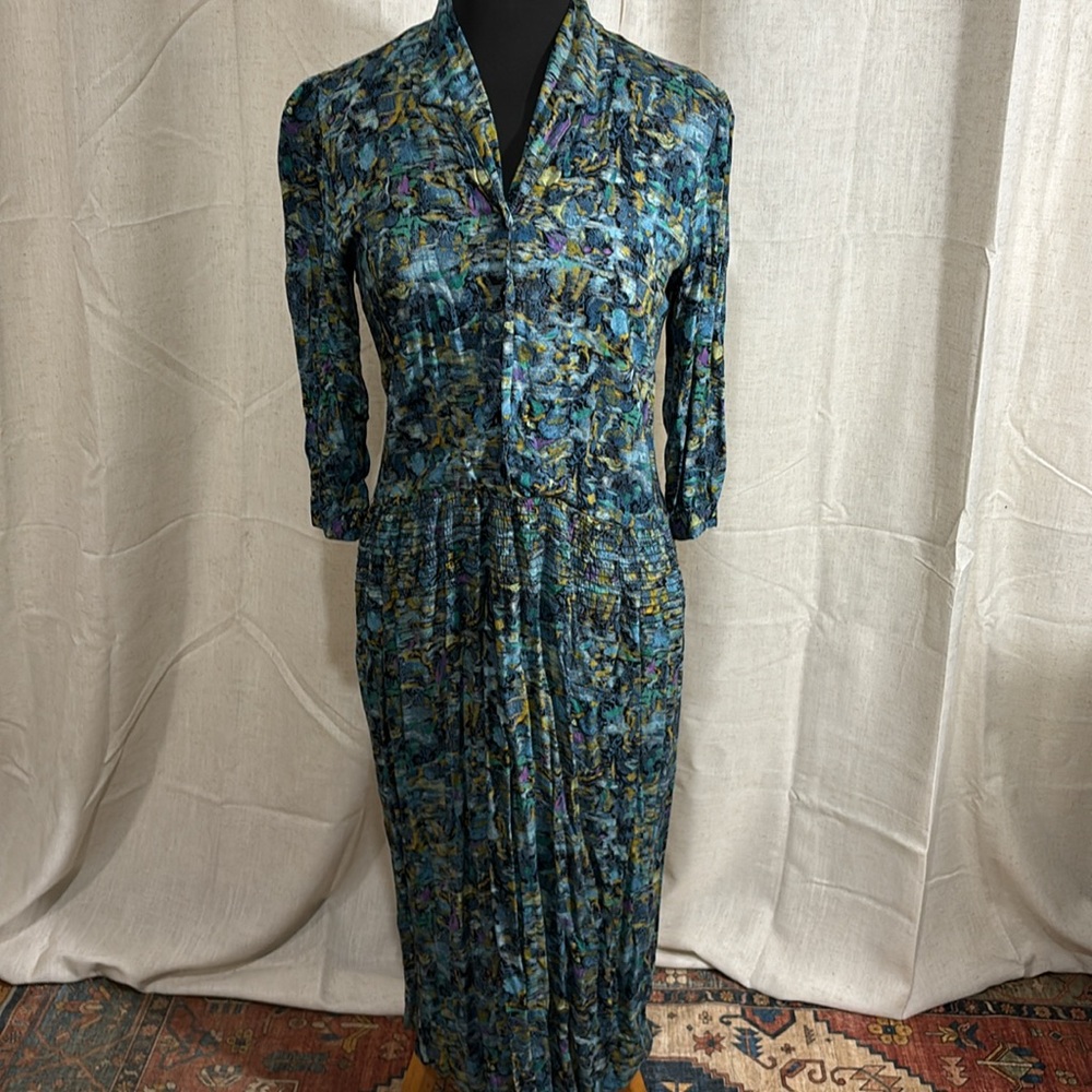 Vintage 80s E.D. Michaels Blue Abstract Print Midi Dress